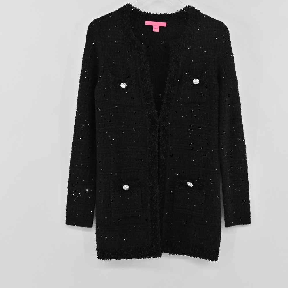 Lilly Pulitzer Amal Cardigan Womens Size XS Black Sequin Tweed Cotton Wool Chic